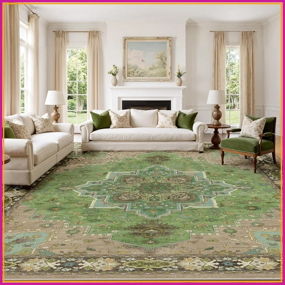 

8x10 Vintage Washable Area Rug for Living Room, Low-Pile Non-Slip Carpet for Bedroom Dining Room Home Office