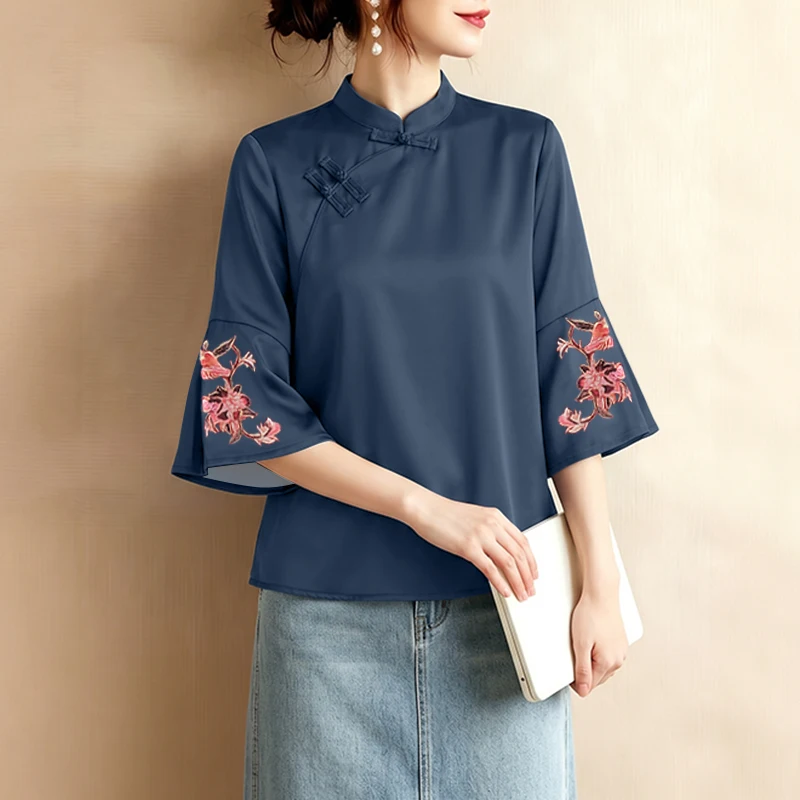 ZANZEA Chinesischer Stil Vintage Damenbluse, elegantes Arbeitshemd mit Stehkragen und 3/4-Ärmeln, bedruckte Oberteile mit Knöpfen, Blusas – Detail 7