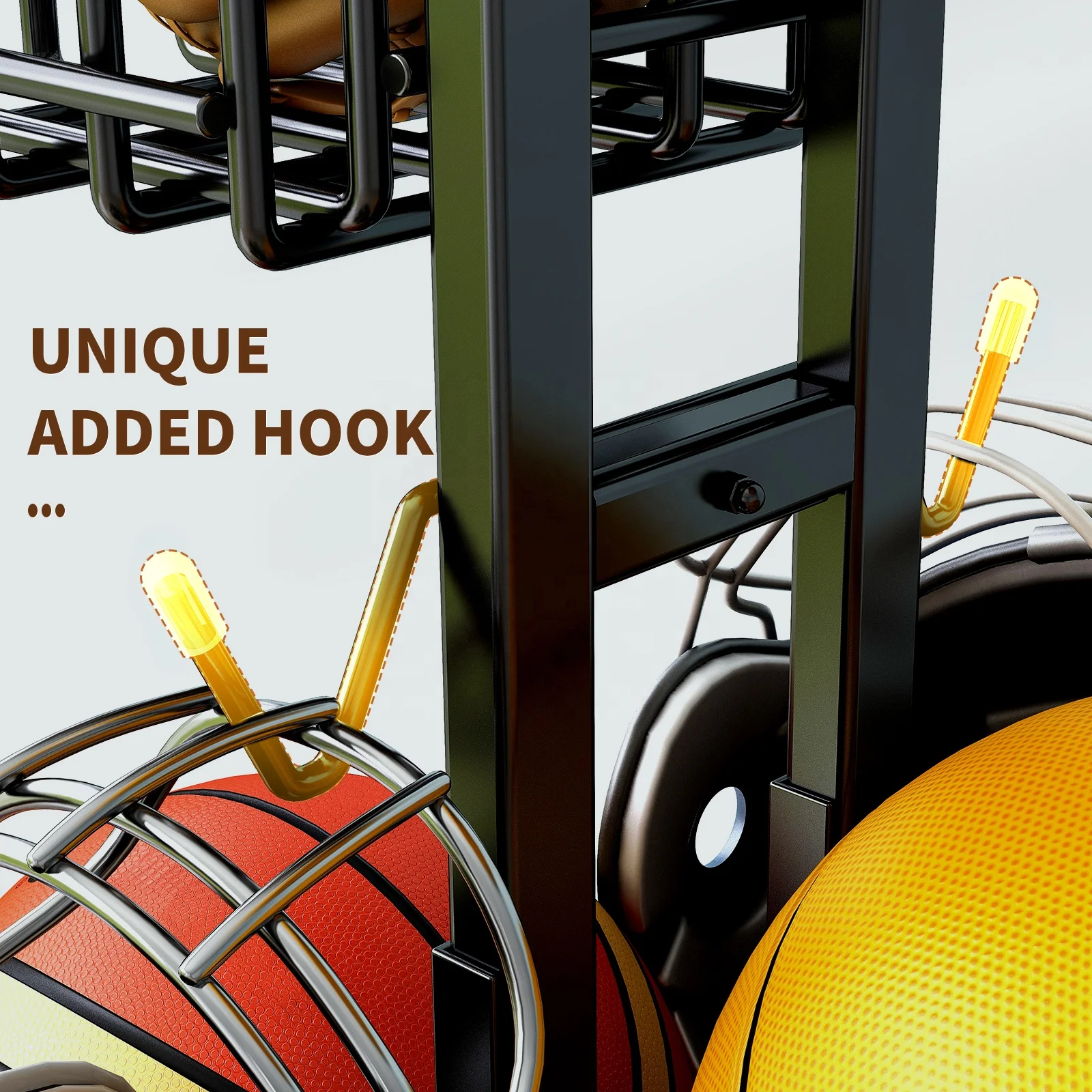 ที่เก็บอุปกรณ์กีฬาในโรงรถ ที่แขวนบาสเก็ตบอล สีดำ ชั้นวางเก็บลูกบอลพร้อมตะกร้า