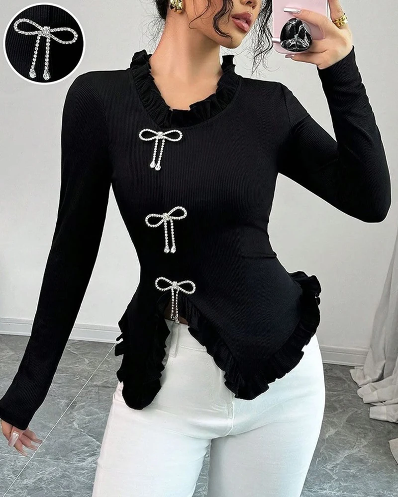 

Women's black tight fitting top with ruffle neckline, fashionable and elegant casual women's top, autumn/winter 2025 new item