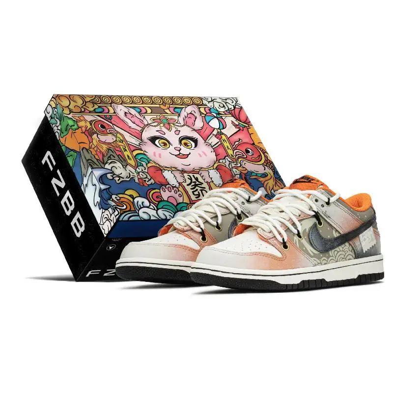 

[На заказ DK Female Ink Wash Carp S-BOX] Низкие туфли для скейтборда Nike Dunk Low FZBB CNY, женские черные, оранжевые