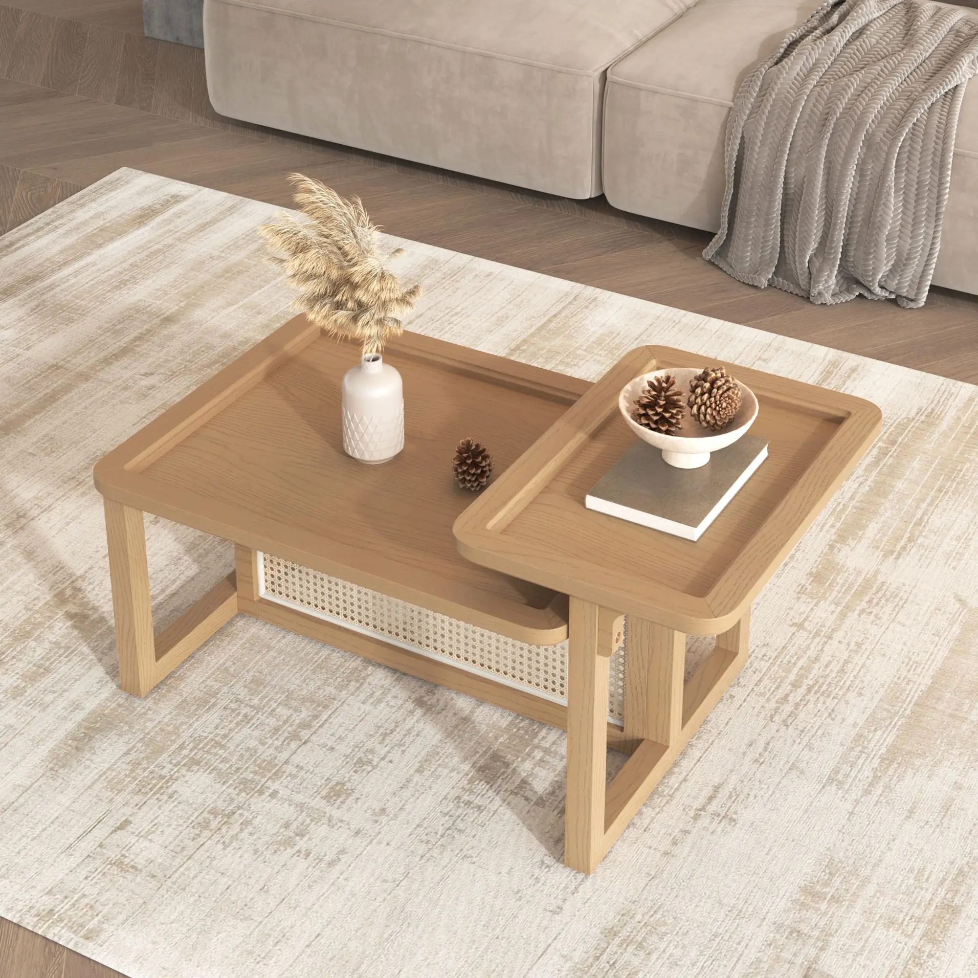 Modern 2 Piece Nesting Rattan Wood+ MDF Coffee Table Set in Natural,Durable and Functional Natural Finish,Café Tables