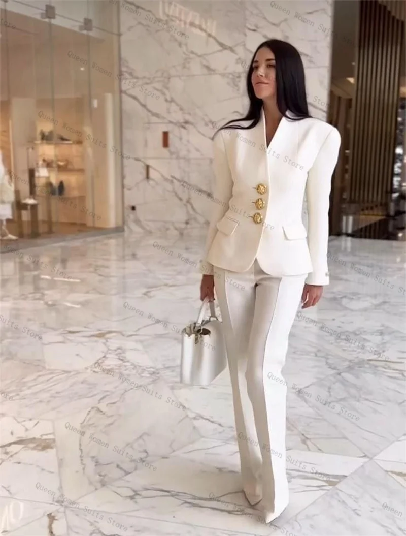 

White Women Suit Set 2 Piece Blazer+Pants Trousers Gold Buttons Formal Office Lady Jacket Wedding Bride Party Coat Customized