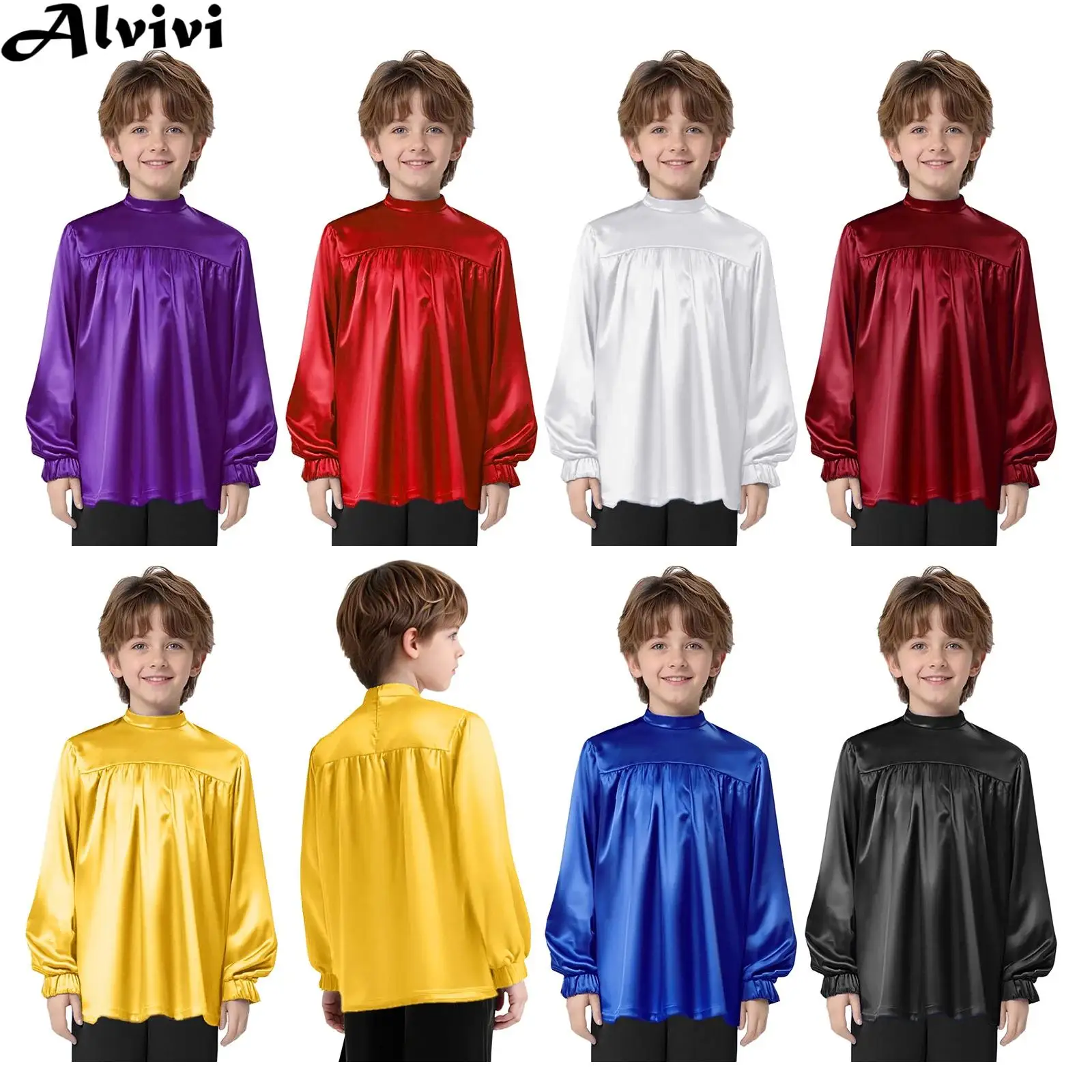 Kids Long Sleeve Zipper Satin Choir Worship Praise Liturgical Dance Tops T-shirt Pastor Cosplay Costume for Halloween Carnival