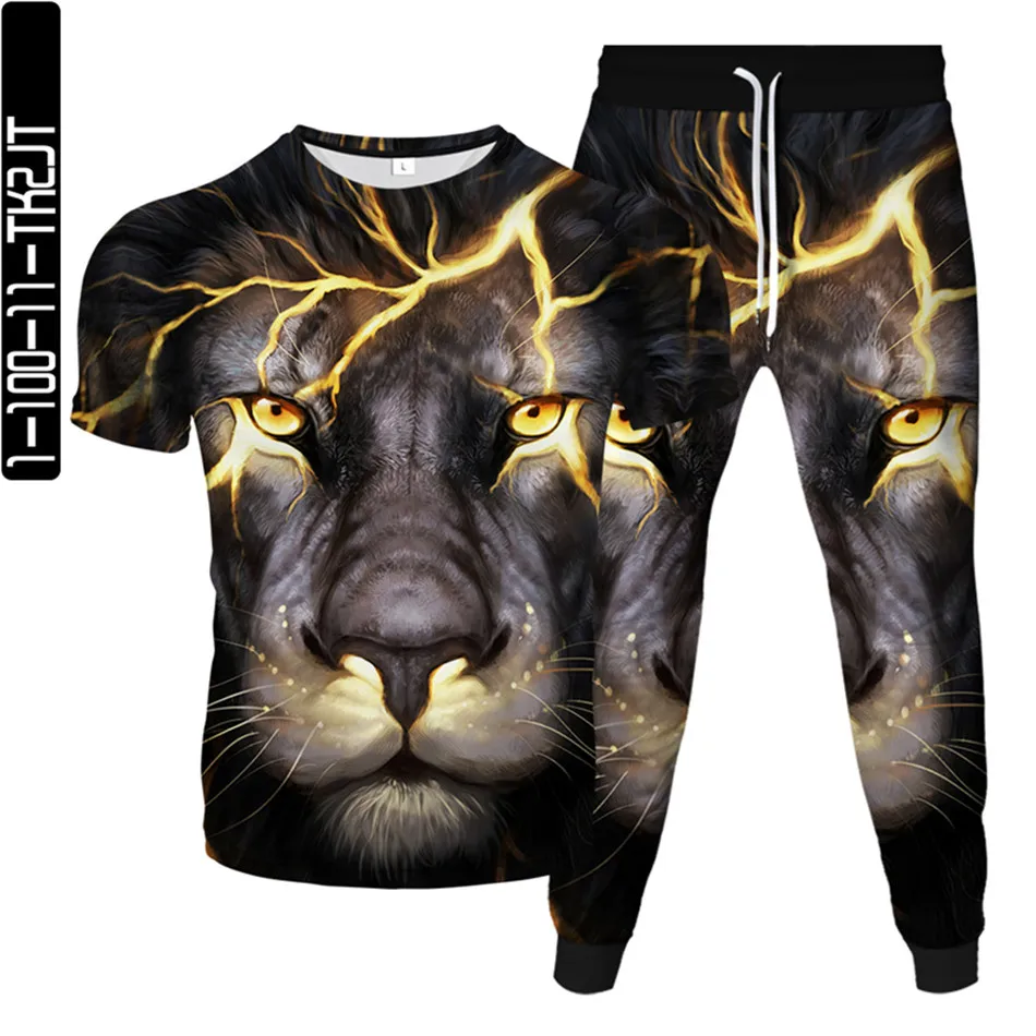 

Men's Casual Sets T-Shirt+Pants 2pcs Tracksuit Women Harajuku Animal Lion Tiger Wolf Printed 3D Streetwear Suits Male Plus Size