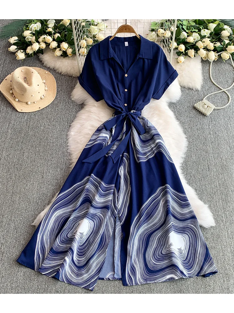 Vestido de verão feminino temperamento com decote em v único breasted camisa casual nicho impressão cintura cinching emagrecimento vestidos longos ds166