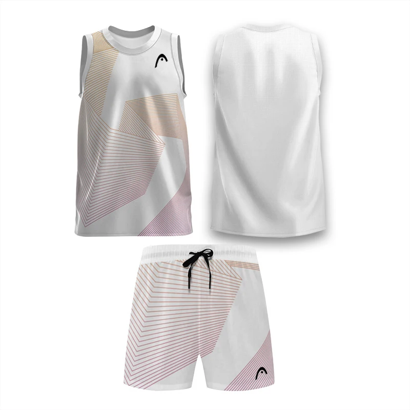 

Men's Summer Line Pattern Tennis Badminton Sleeveless Sports Vest Shorts Set Fast Drying Sweat Running Fitness Two-Piece Set