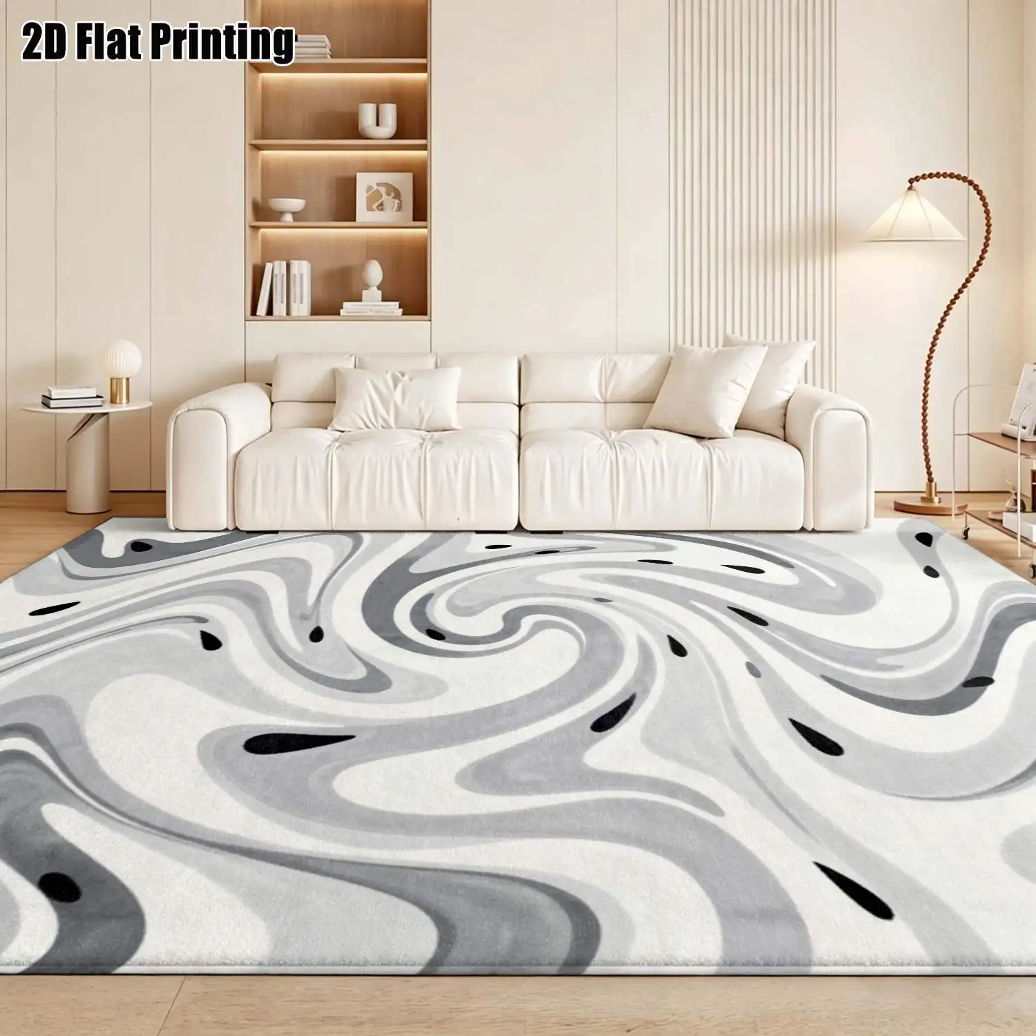 1Pc 2D Printed Carpet with Gray-White Fluid Vortex Pattern, Modern Simple Style, Instagram-Worthy Decor, Multiple Sizes, Machine Washable, Suitable for Multi-Scene Use