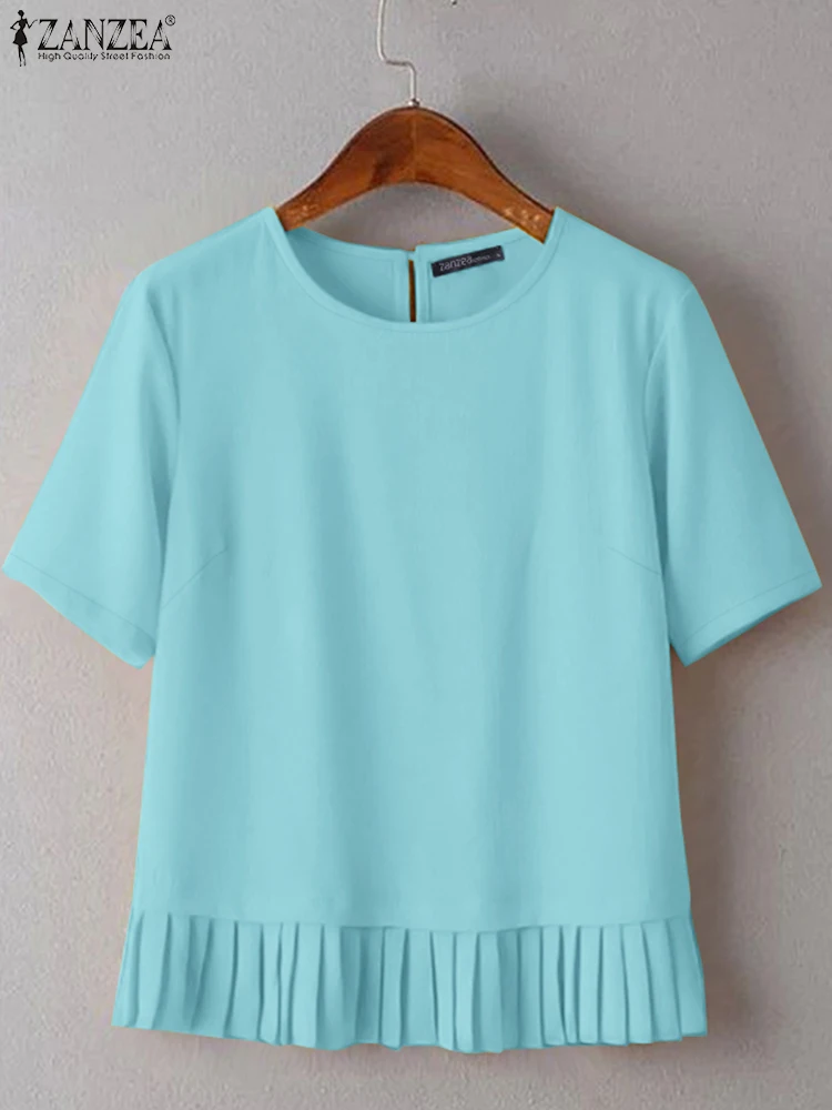 

ZANZEA Woman O-Neck Tunic Tops Solid Color Casual Fashion 2025 Summer Blouses Day Wear Pleated-Hem Short Sleeve Blusas Mujer