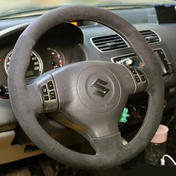 For Suzuki Swift Alto 2008-2013 SX4 2006-2013 Splash 2007 Hand-stitched non-slip Carbon Black Suede Car Steering Wheel Cover
