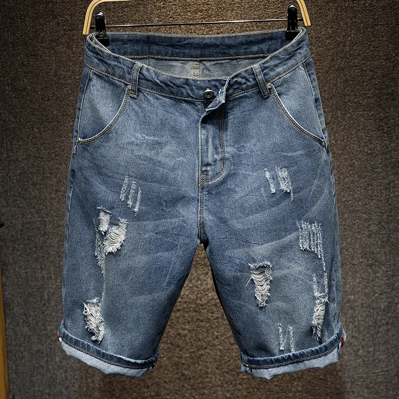 

Летние тонкие мужские свободные джинсы прямого кроя с эффектом потертости, повседневные винтажные укороченные брюки в корейском стиле, модный тренд