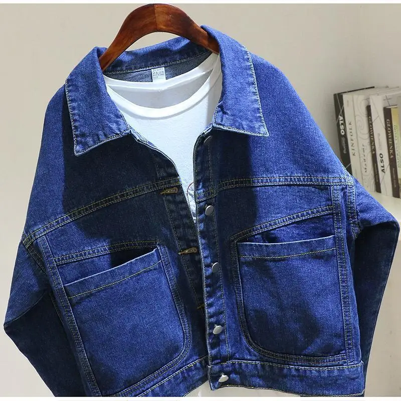 Vintage Frauen kurze Denim Jacke Frühling Herbst neue mode große Tasche Einreiher Revers jeans Mantel Weibliche lose Outwear R574