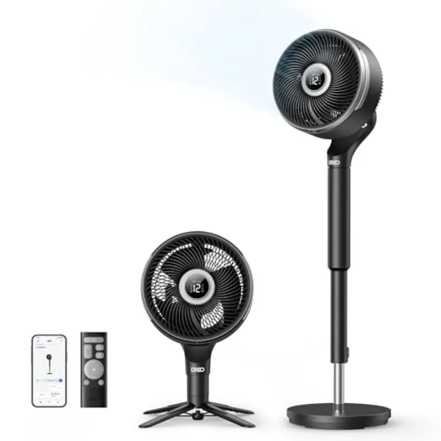 Bedroom smart fan with DC motor, black, 120ft airflow, ultra-quiet 20dB, 12 speeds, 6 modes, 150+100 oscillation, remote contro