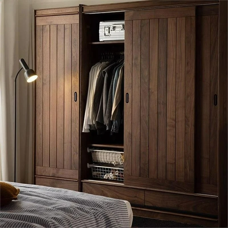 

Customizable Nordic Black Walnut Solid Wood Clothing Cherry Wood Sliding Door Wardrobe Home Bedroom Cloakroom