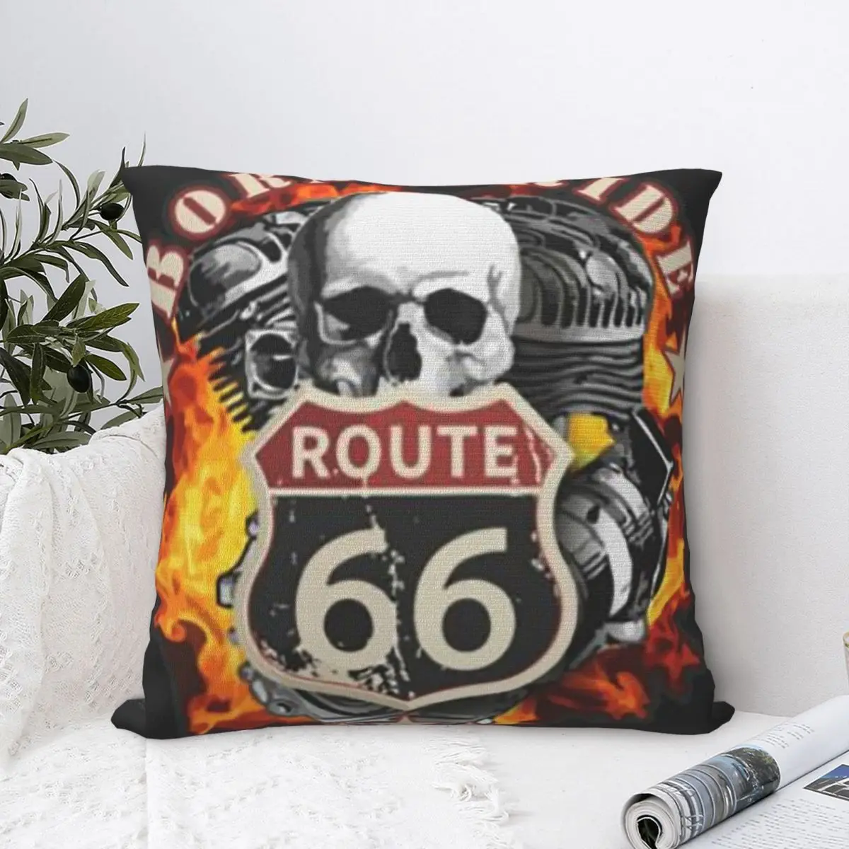 Retro Route 66 Motorcycle Skull Riders Square Pillowcase Pillow Cover Cushion Zip Decorative Comfort Throw Pillow For Home Sofa