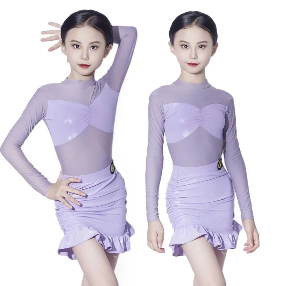 

latin dance american dress training Long Sleeve mesh cha cha samba tango practice wear girls kids ballroom Dancewear top skirt