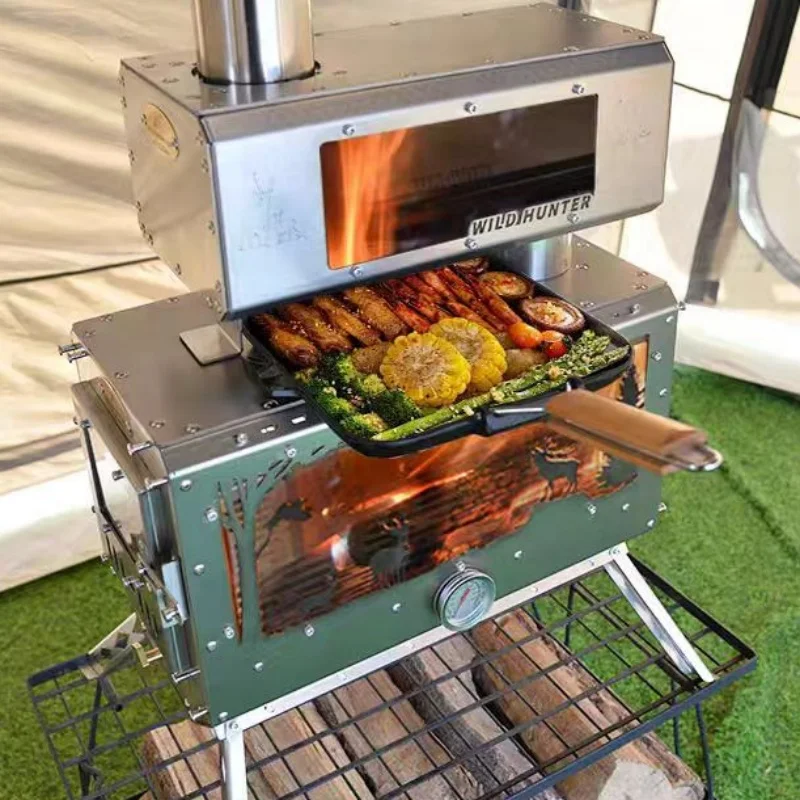 Poêle à bois de camping avec observation des flammes sur 2 côtés, poêle de chauffage avec cheminée et plateforme de cuisson