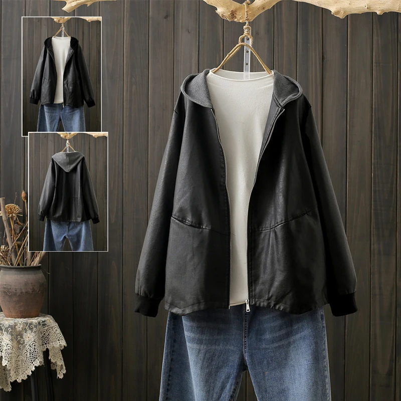 

V-Neck PU Leather Jacket Women's Zipper Sleeveless Coat Spring Autumn Large Size Retro Hooded Patchwork Pocket Fashionable