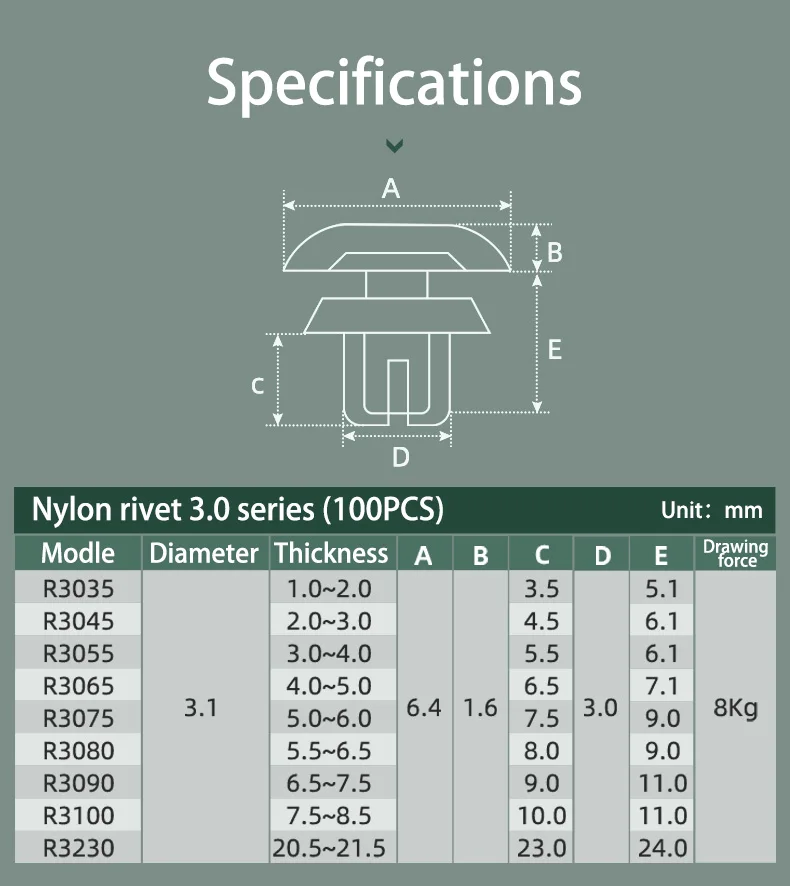 100PCS Nylon Plastic R-Type Expansion Rivet 3.1MM Clamp Screw Nut,PC Board Fixing Buckle Heat Resistant Black White
