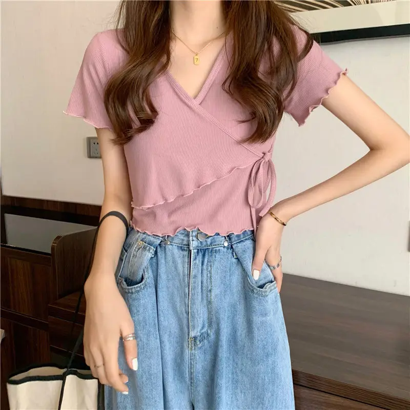 T-shirts Women Solid 4 Colors Lace-up All-match Special Daily Delicate Popular Leisure Creativity Tender Japanese Style Spring