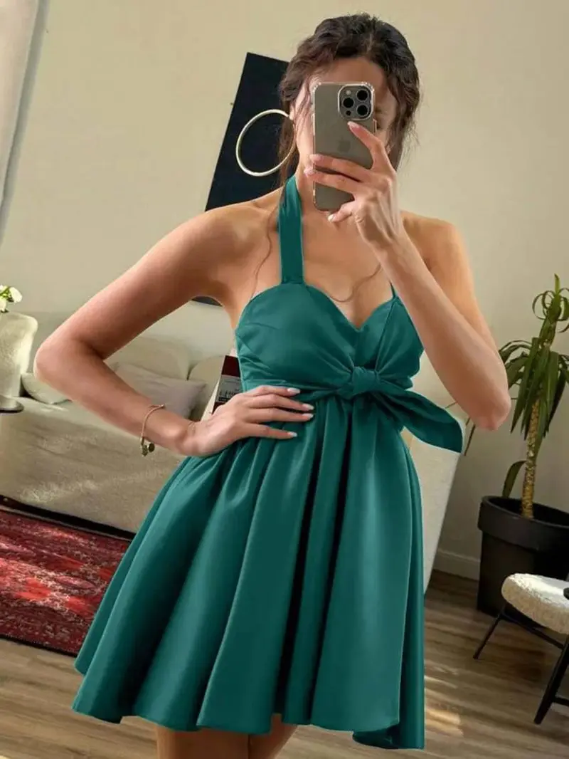 

Customized Classic Charmeuse Bow Draped Pleat A-line Halter Mini Dresses Bespoke Occasion Dresses Modern Style Fashion Exquisite