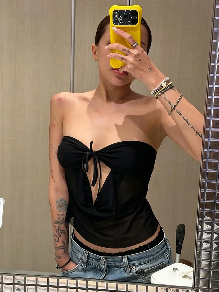 Sisterlinda Sexy Hottie Chic Tank Tops Women Bandage Hollow Patchwork Low-Neck Folds Midnight Hottie Music Festival Streetwear