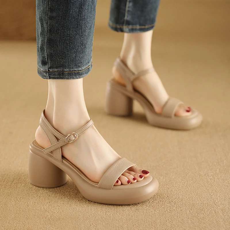 2026 new summer women sandals natural leather 22-25cm sheepskin+pigskin line-strap ankle-buckle high heel women shoes fashion