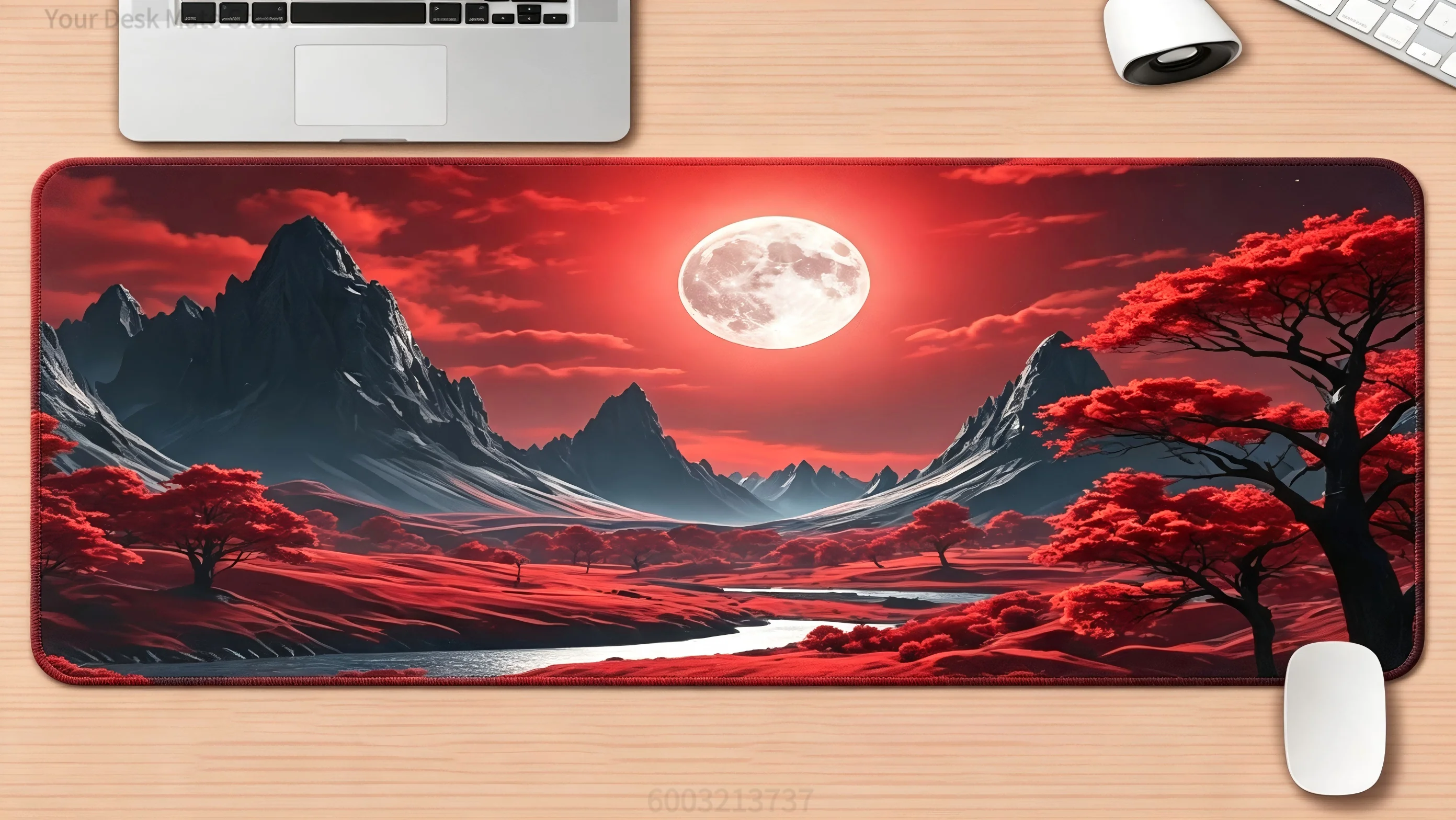 Blood Red Moon & Cherry Blossom Island Large Mouse Pad, Night Ocean Scenery NonSlip Gaming Desk Mat