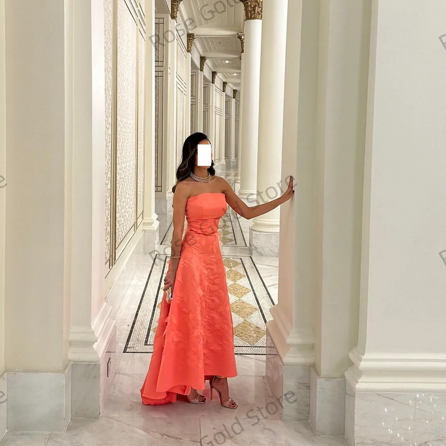 فساتين سهرة عصرية بدون حمالات على شكل حرف A برتقالية ناعمة للنساء فساتين حفلات مع زينة من الدانتيل فستان حفلات مكشكش مخصص #4