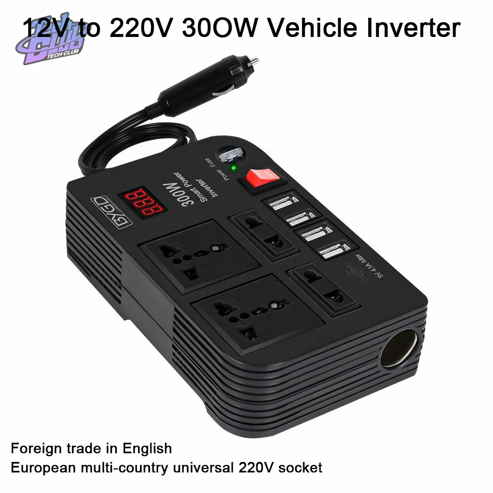 차량용 인버터, DC 12V-AC 220V 컨버터, 콘센트 4 개, USB 고속 충전 소켓 전원 어댑터, 인버터 전원 공급 장치, 300W 