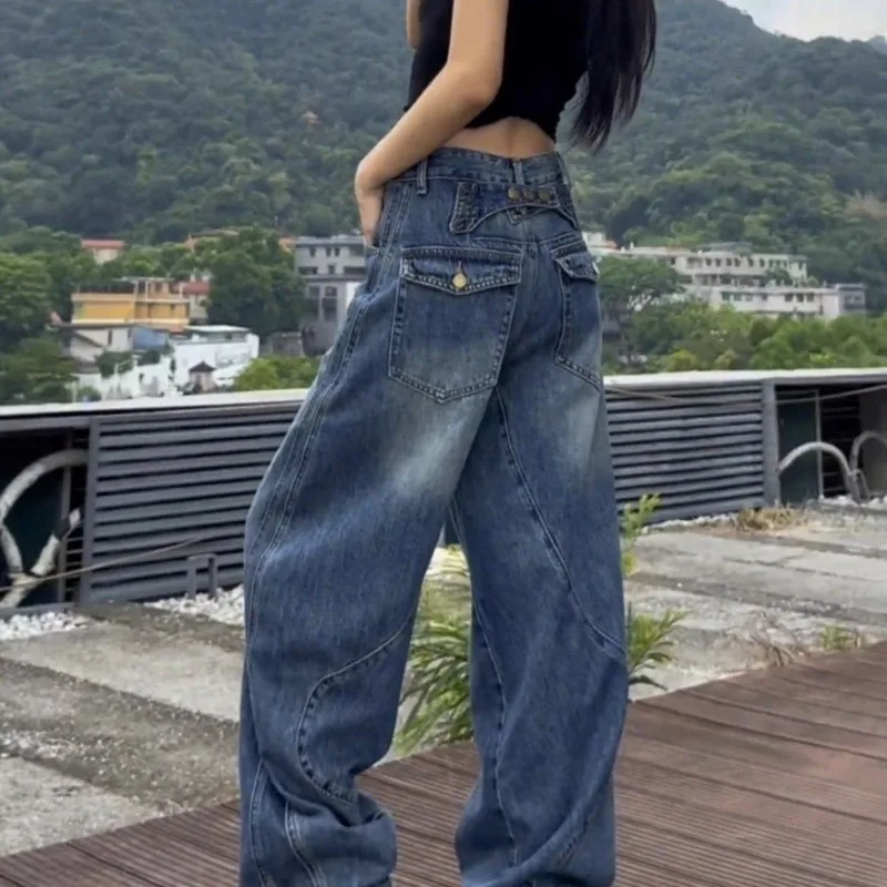 

Large-sized Curved-cut Wide-leg Jeans for Women in The New Autumn Style Loose Slimming American High Street Straight-leg Pants