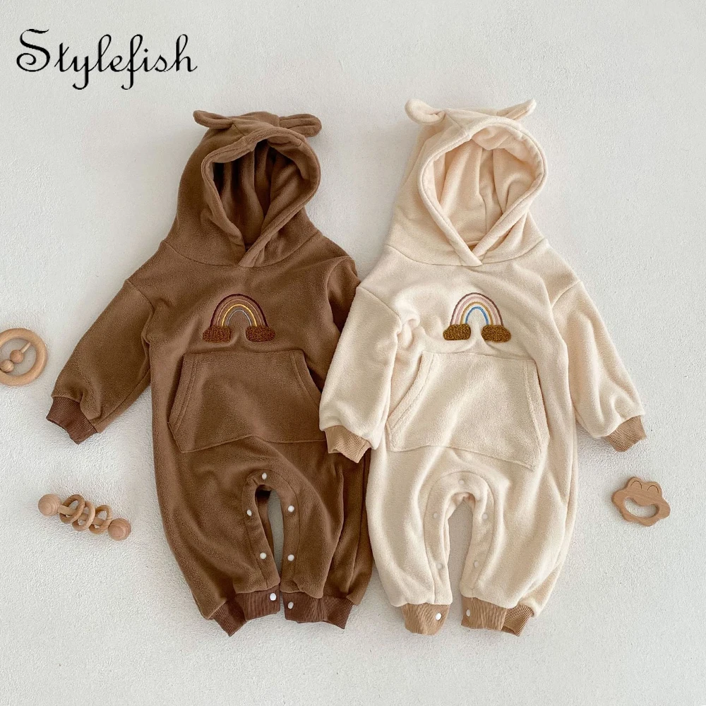 2022 Autumn Winter New Baby Clothing Bear Ear Baby Boys Rompers Fur Lining Infant Girls Outfit Newborn Girl Outfit Rompers