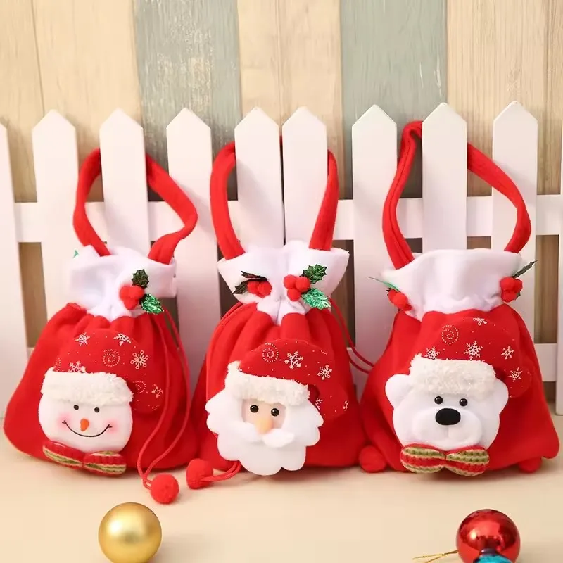 Reusable Christmas Gift Pouches Drawstring Apple Candy Bags Santa Snowman Design Holiday Party Decorations Small Present Wrap