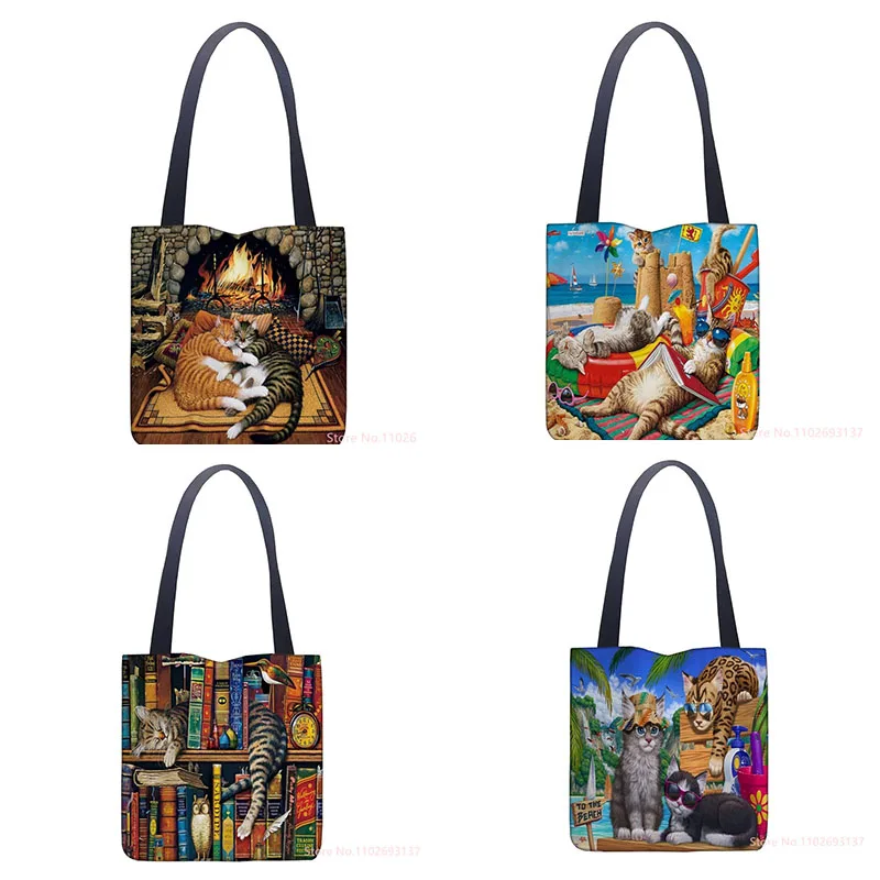 Oil Painting Cat Shopping Bag Eco Reusable Female Tote Bag College Handbag Retro Large Ladies Shoulder Shopper Bags