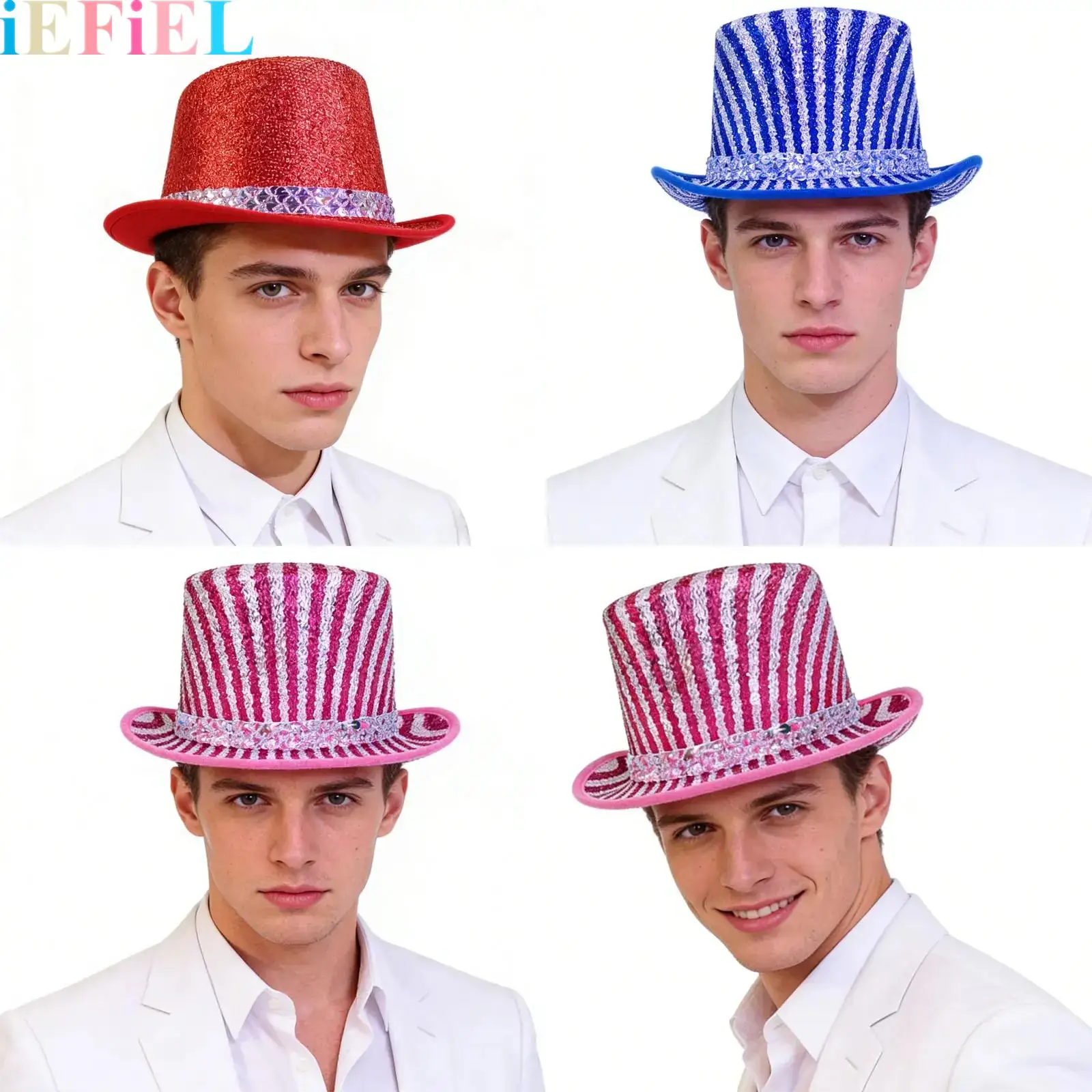 

Top Hat Sparkly Sequins Magician Stripe Top Hat for Women Men Halloween Carnival Costumes Dress Up Head Accessories