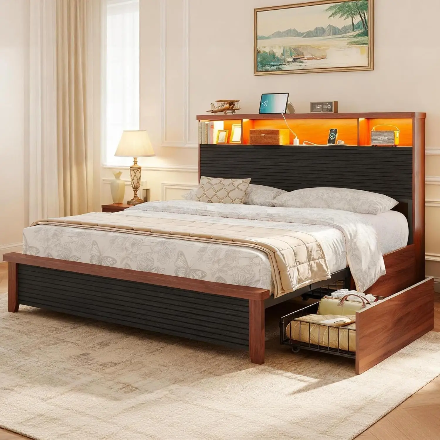 

Black Full Size Bed Frame with 4 Storage Drawers & 2 Tier Storage Headboard,Fluted Led Full Bed with Charging Station and Metal