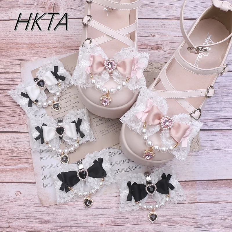 

Handmade Japanese Original Beaded Shoes Clip Lace Lace Love Pendant Big Bow Jewelry Lolita Sweet Cute Shoe Clip Shoe Accessories
