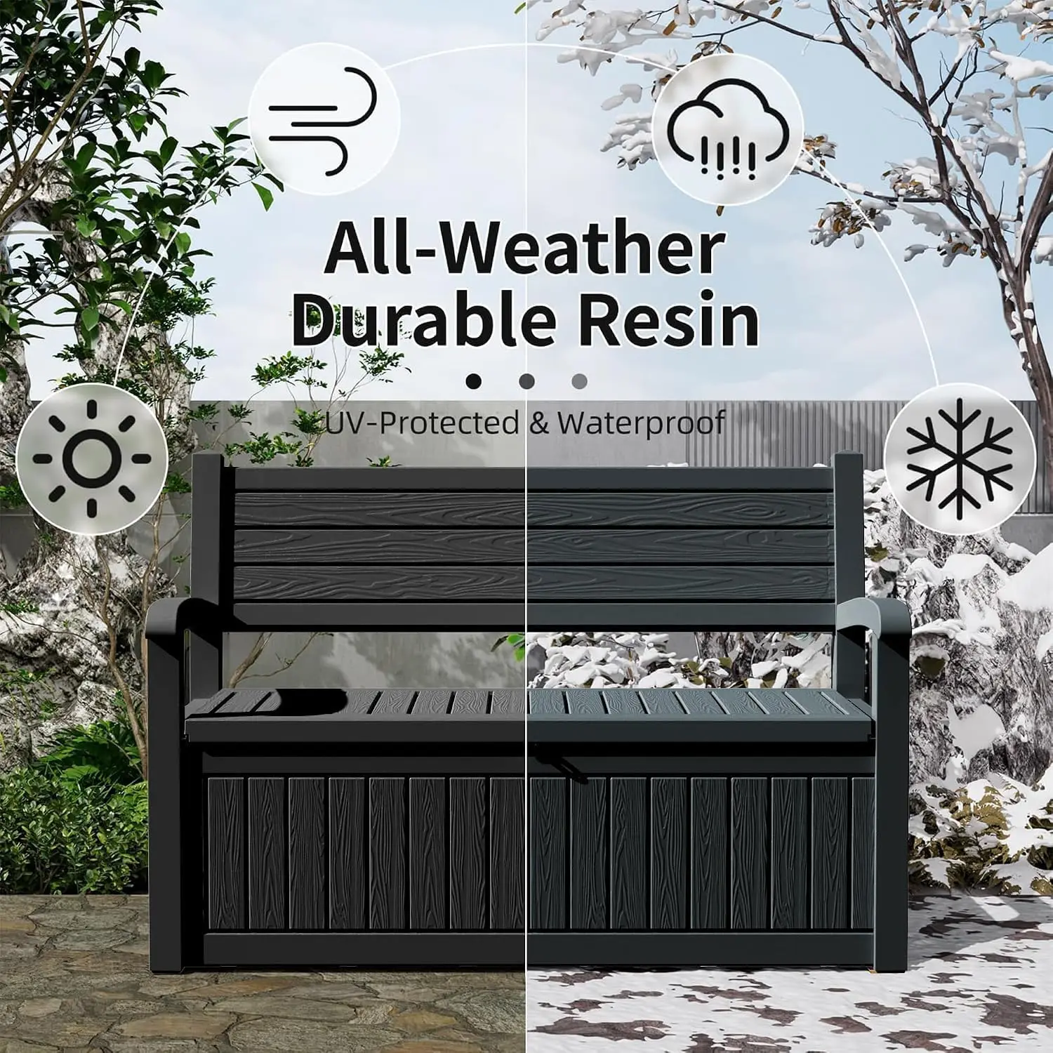 Indoor Outdoor Storage Box 80 Gallon, Resin Deck Box Organizer Container With Lockable Lid Support, Heavy Duty Weather Resistant Backyard Garden Patio Cushion Bench Cabinet, Black Stripe view 4