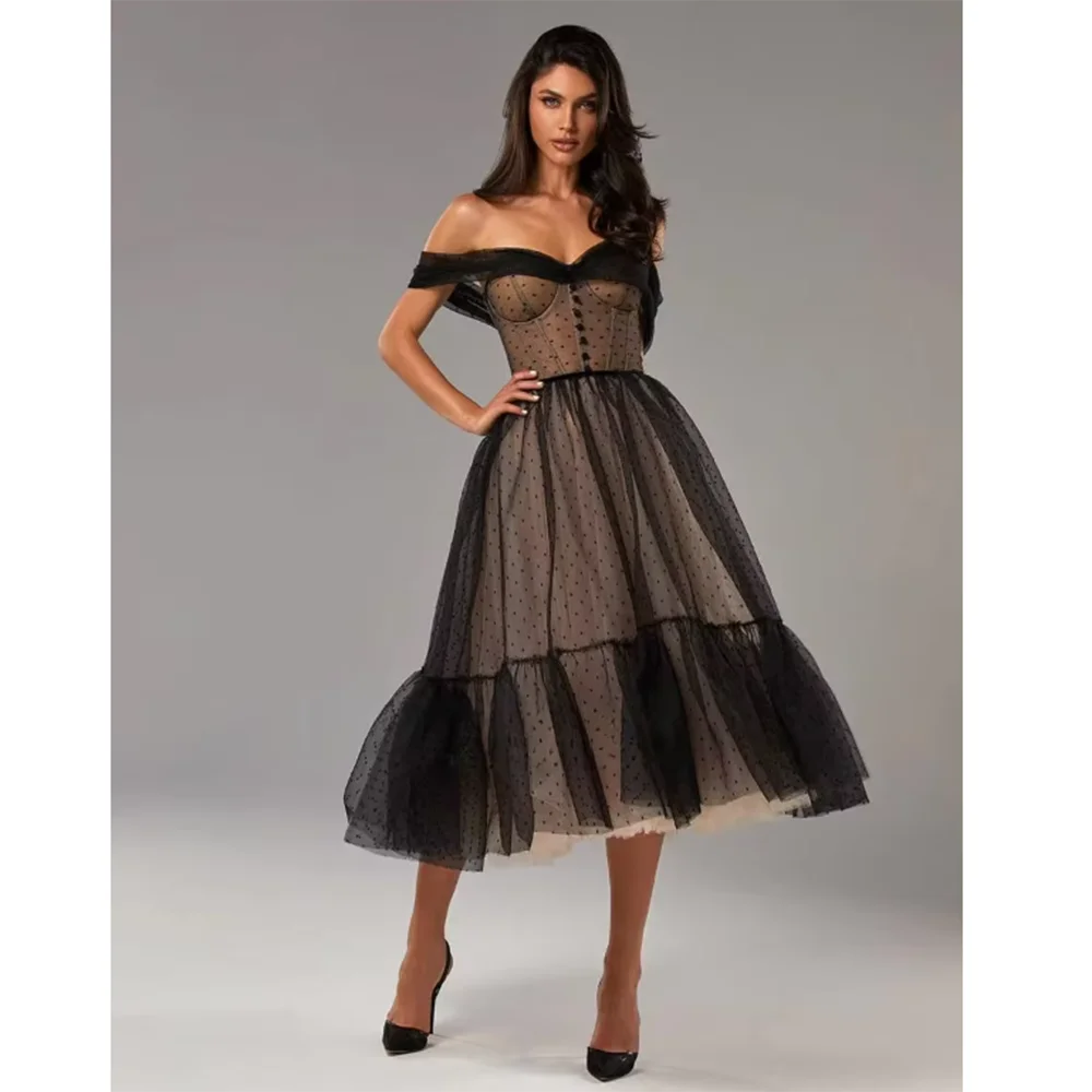 

Luxury Sexy Black Tulle Women Prom Dress Spotted A-Line Sweetheart Tea Length Elegant Pretty Vestidos De Fiesta Robes Bal Party