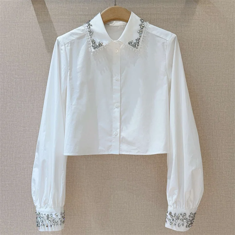

Women's shirt New autumn 2025 single breasted slim fit lapel long sleeved top Sparkling rhinestone pure cotton Women's blouse
