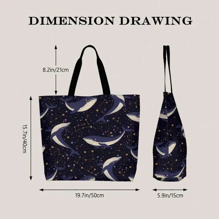 

Whimsical Whale Constellation Print Tote Bag Dark Blue Galaxy Pattern Cotton Casual Shopping Bag For Adults