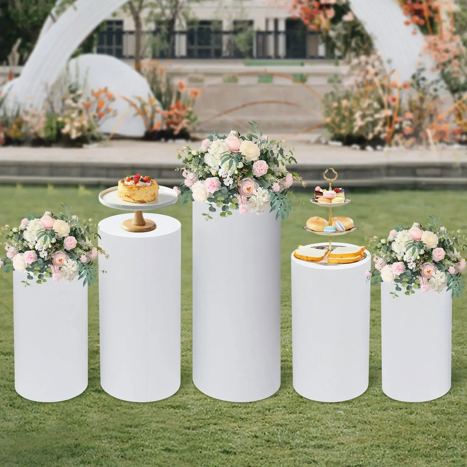 5 Piece White Metal Cylinder Cake Stand Set