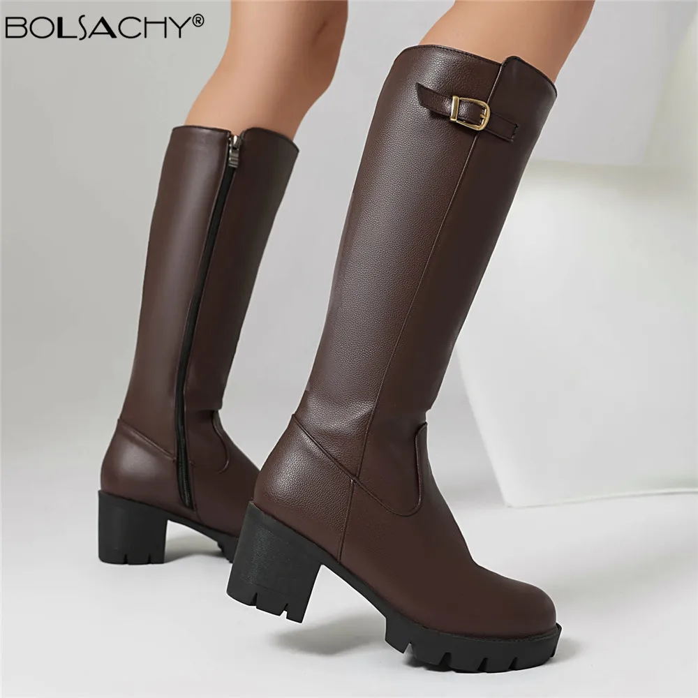 2026 Autumn Winter New Boots Women Knee High Boots Thick Heel Platform Boats Long Was Thin Jane High Simple Botas Mujer Brown