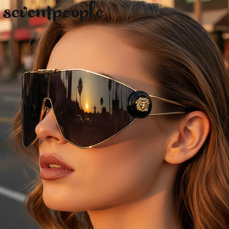 

Oversized One-Piece Shield Mask Sunglasses Women 2025 Luxury Brand Trendy Windproof Punk Eyewear Shades Wrap Around Goggle UV400