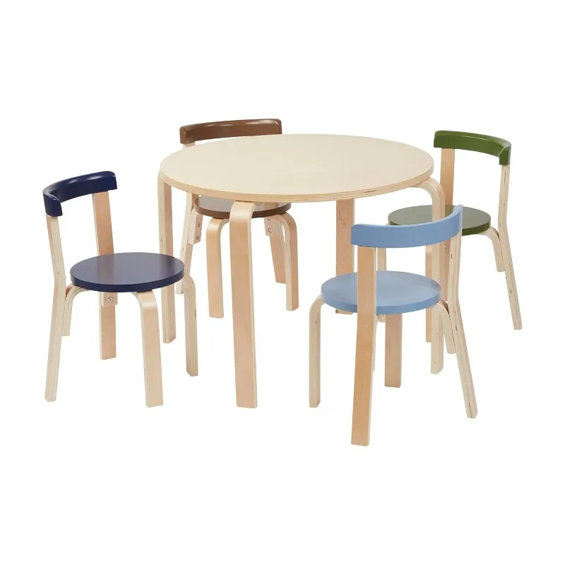 Bentwood Round Table and Curved Back Chair Set, Kids Furniture, Earthtone, 5-Piece