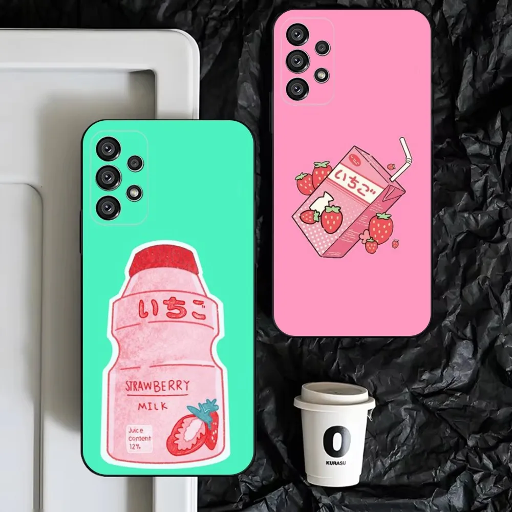 

Summer Cute Strawberry M-milk Phone Case For Samsung S25,S24,S23,S22,S21,S20,S10,Ultra,Plus,Lite,FE,Soft Silicone Black Cover