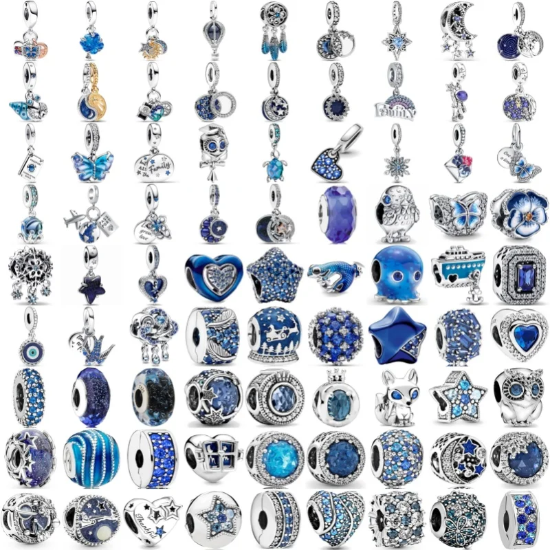 2024 New Blue Series Clip Pendant Star Moon  Diy Beads Dangle Charm Fit Snake Chain Bracelet Accessories