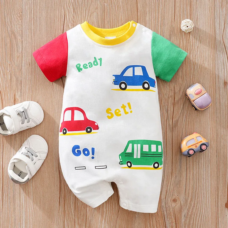 Newborn Baby boy romper Red and blue car print short sleeve Infant Cotton Clothes Jumpsuit high quality For Toddler Outfits