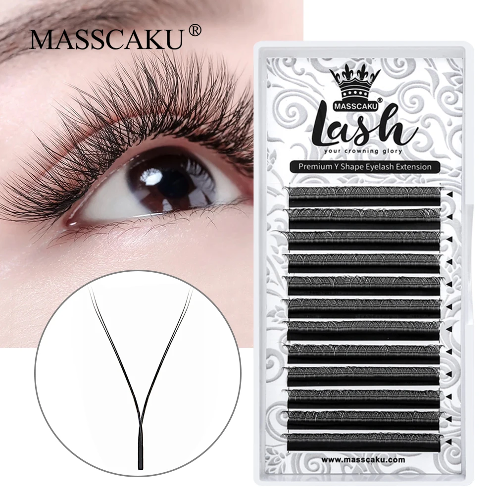 

MASSCAKU C/D Curl Black YY Shape Eyelash Extensions 100% Handmade Ribbon Premium Material Split Tips Y Shape Lashes Wholesale