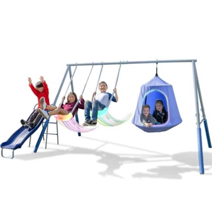 Shooting Star Metallschaukel-Set mit 2 LED-Schaukeln, gepolsterte Untertassenschaukel mit LED-beleuchtetem Zelt und 5' doppelwandiger, geblasen geformter Rutsche